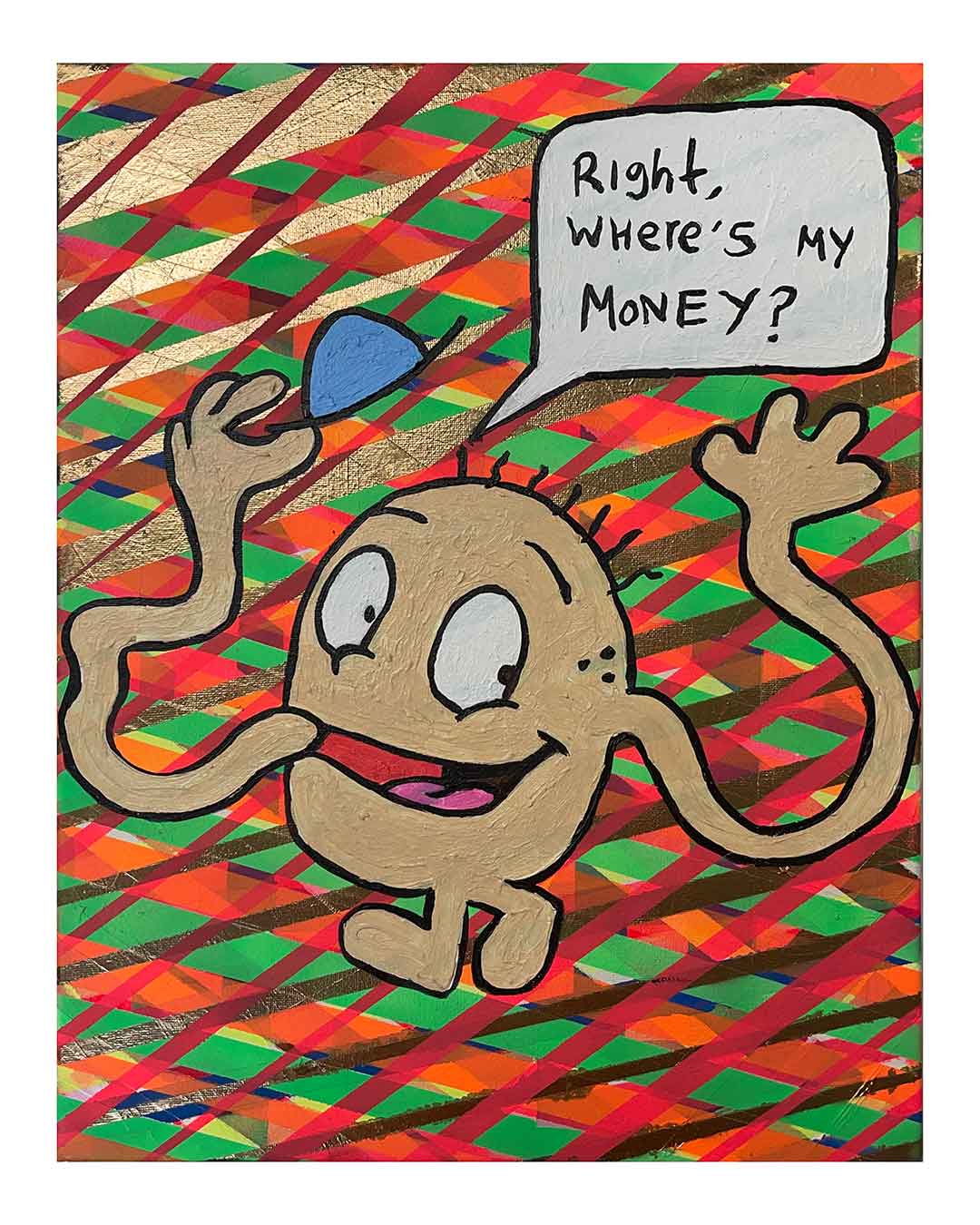 Where's My Money Painting by Barrie J Davies 2024, Mixed media on Canvas, 40 cm x 30 cm, Unframed and ready to hang.