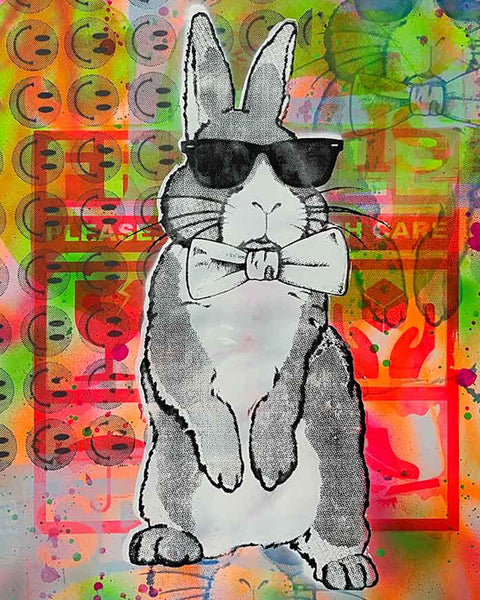 White Techno Bunny Print by Barrie J Davies, Unframed Silkscreen print on paper (hand finished), edition of 1/1 A2 size 42cm x 59cm.
