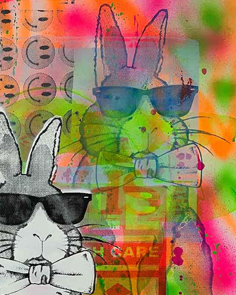 White Techno Bunny Print by Barrie J Davies, Unframed Silkscreen print on paper (hand finished), edition of 1/1 A2 size 42cm x 59cm.