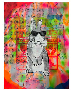 White Techno Bunny Print by Barrie J Davies 2024, Unframed Silkscreen print on paper (hand finished), edition of 1/1 A2 size 42cm x 59cm. 