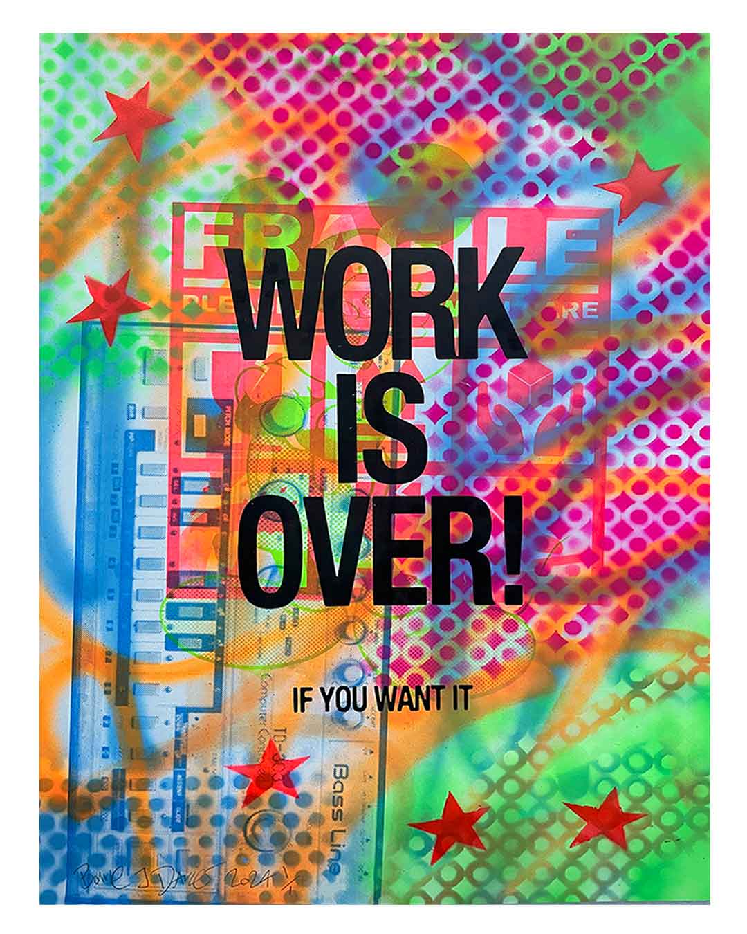 Work Is over Print by Barrie J Davies 2024, Unframed Silkscreen print on paper (hand finished), edition of 1/1 A2 size 42cm x 59cm.