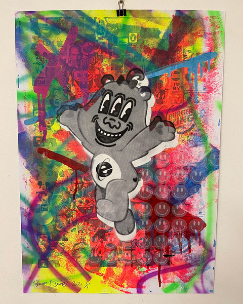 Crazy Wrong Bear Print by Barrie J Davies, unframed Silkscreen print on paper (hand finished) edition of 1/1 - A2 size 42cm x 59.4cm.