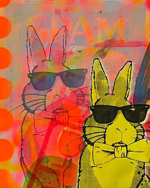 Yellow Techno Bunny Print by Barrie J Davies - Unframed Silkscreen print on paper (hand finished), edition of 1/1 A2 size 42cm x 59cm.