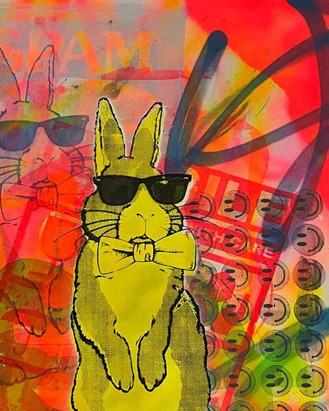 Yellow Techno Bunny Print by Barrie J Davies - Unframed Silkscreen print on paper (hand finished), edition of 1/1 A2 size 42cm x 59cm.