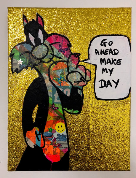 Go ahead make my day by Barrie J Davies 2019, mixed media on canvas, unframed, 30cm x 40cm.