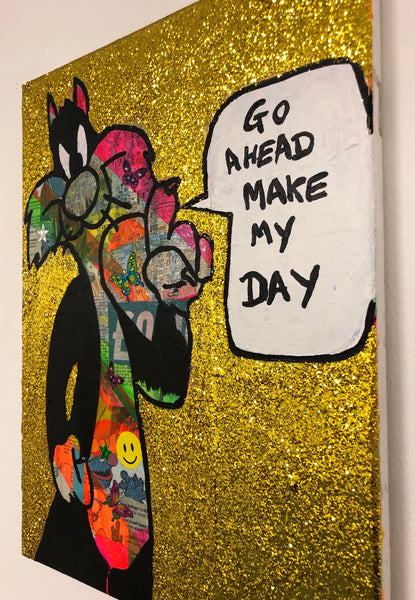 Go ahead make my day by Barrie J Davies 2019, mixed media on canvas, unframed, 30cm x 40cm. 