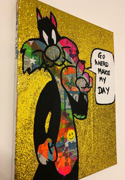 Go ahead make my day by Barrie J Davies 2019, mixed media on canvas, unframed, 30cm x 40cm. 