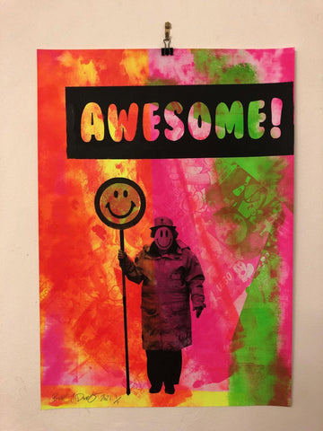 Awesome Happy Lady Print by Barrie J Davies 2021, unframed Silkscreen print on paper (hand finished) edition of 1/1, A2 size 42cm x 59.4cm.