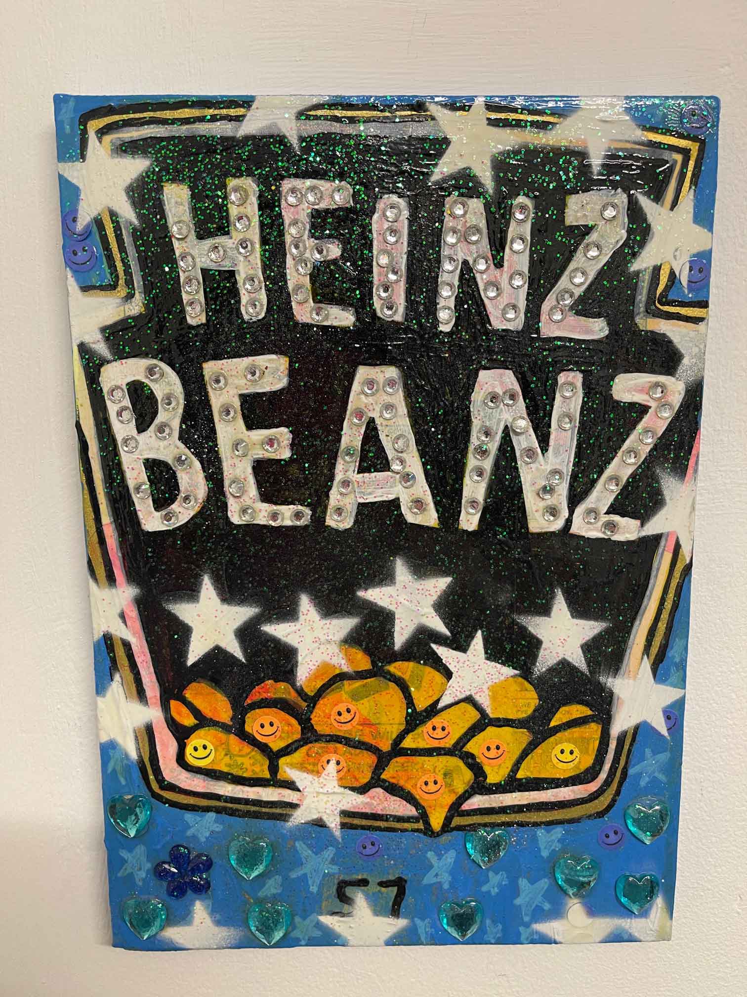 Baked Beanz Painting by Barrie J Davies 2022, Mixed media on Canvas, 20cm x 25cm, Unframed and ready to hang