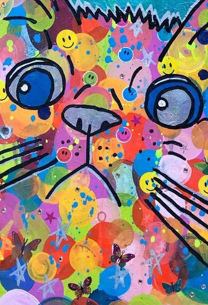 Blue Cosmic Moggy Painting by Barrie J Davies 2018, mixed media on canvas, unframed, 50cm x 60cm.
