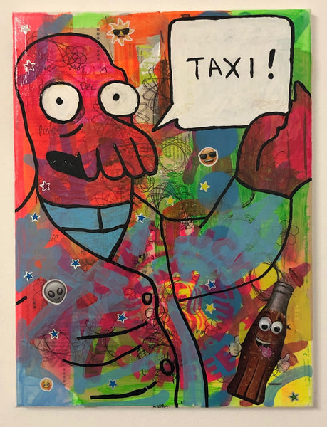 Call Me A Cab Painting by Barrie J Davies 2020, mixed media on canvas, unframed, 30cm x 40cm.