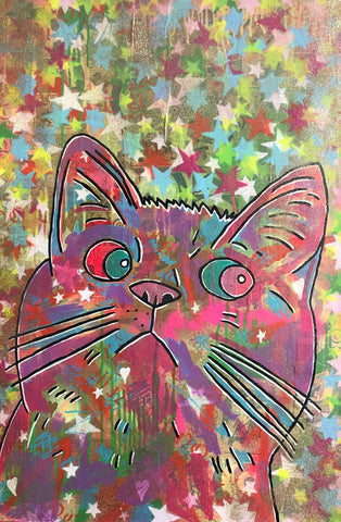 pop Cosmic moggy Painting by Barrie J Davies 2015, Mixed media on canvas, 90cm x 90cm, Unframed.&nbsp;