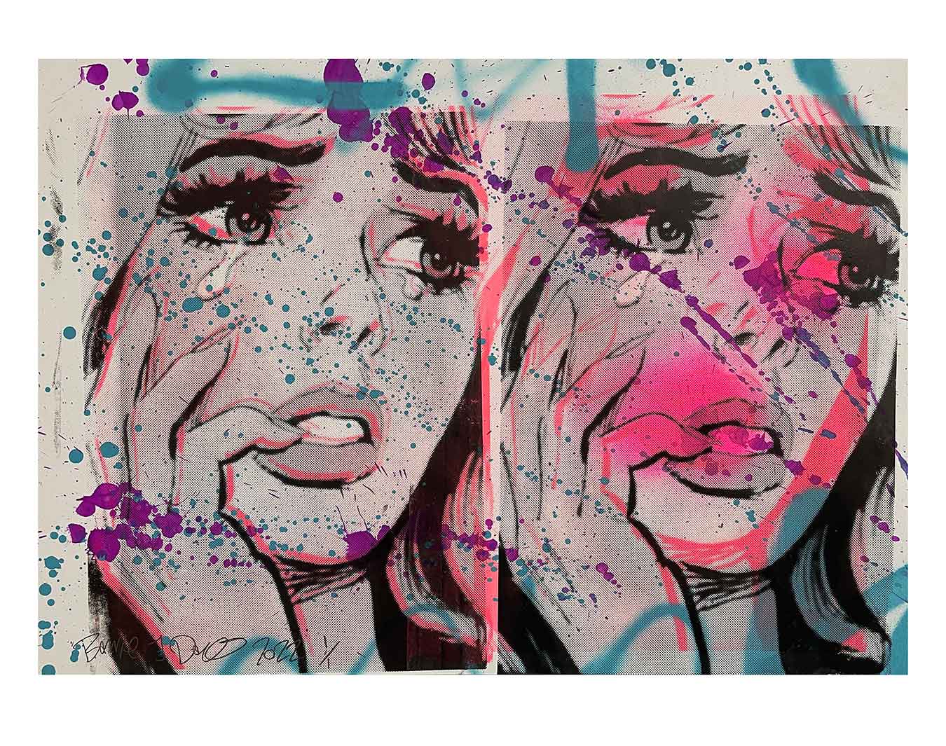Double Lady Crying Print by Barrie J Davies 2022 - unframed Silkscreen print on paper (hand finished) edition of 1/1 - A2 size 42cm x 59.4cm.