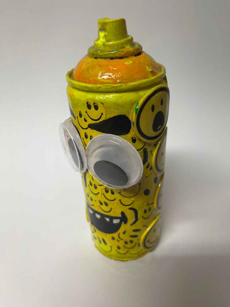 Happy Smiley Spray Can Sculpture. This is a unique, hand made one off original. It is a mixed media original directly onto a recycled depressurised spray can. 