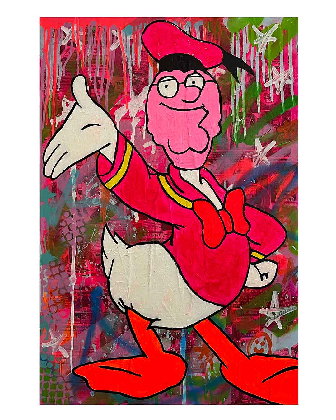 Mad Ducky Painting by Barrie J Davies 2023, Mixed media on Canvas, 50cm x 75cm, Unframed and ready to hang.