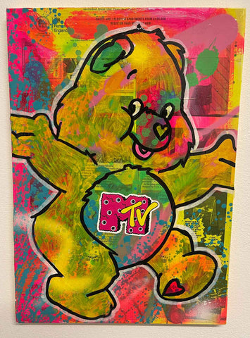 MTV Bear Painting by Barrie J Davies 2022, Mixed media on Canvas, 42cm x 30cm, Unframed and ready to hang.