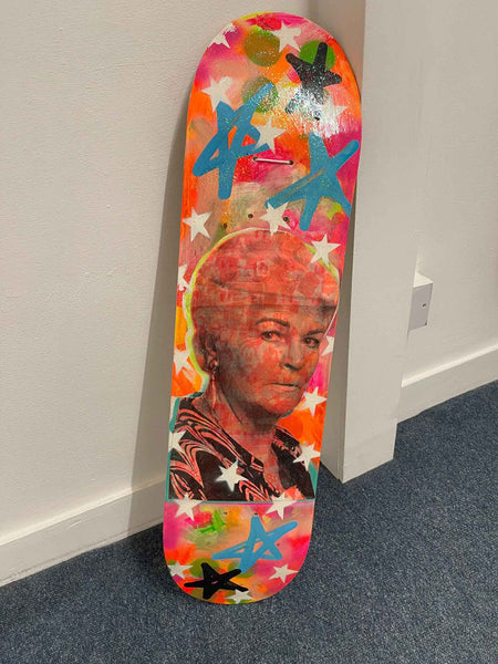 Pat Board by Barrie J Davies 2022 - Silkscreen print and paint on skateboard (hand finished) edition of 1/1 - 80cm x 20cm.  