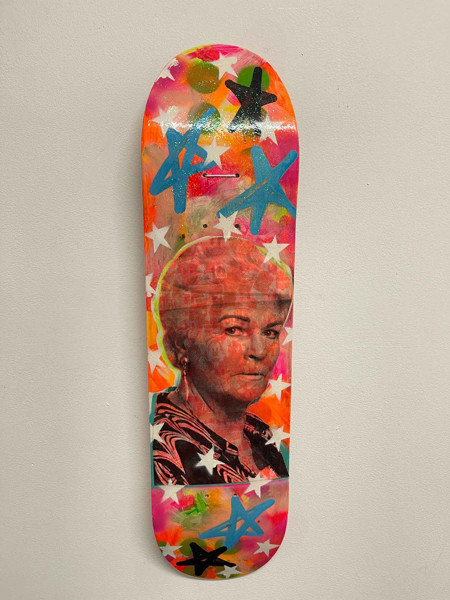 Pat Board by Barrie J Davies 2022 - Silkscreen print and paint on skateboard (hand finished) edition of 1/1 - 80cm x 20cm.  