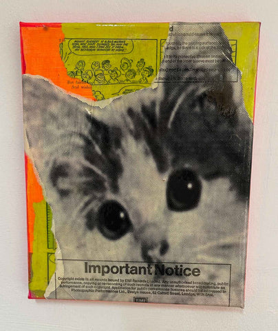 Small Kitschy cat painting, Mixed media on Canvas, 25cm x 30cm, Unframed. Buy online with free delivery worldwide to your door.