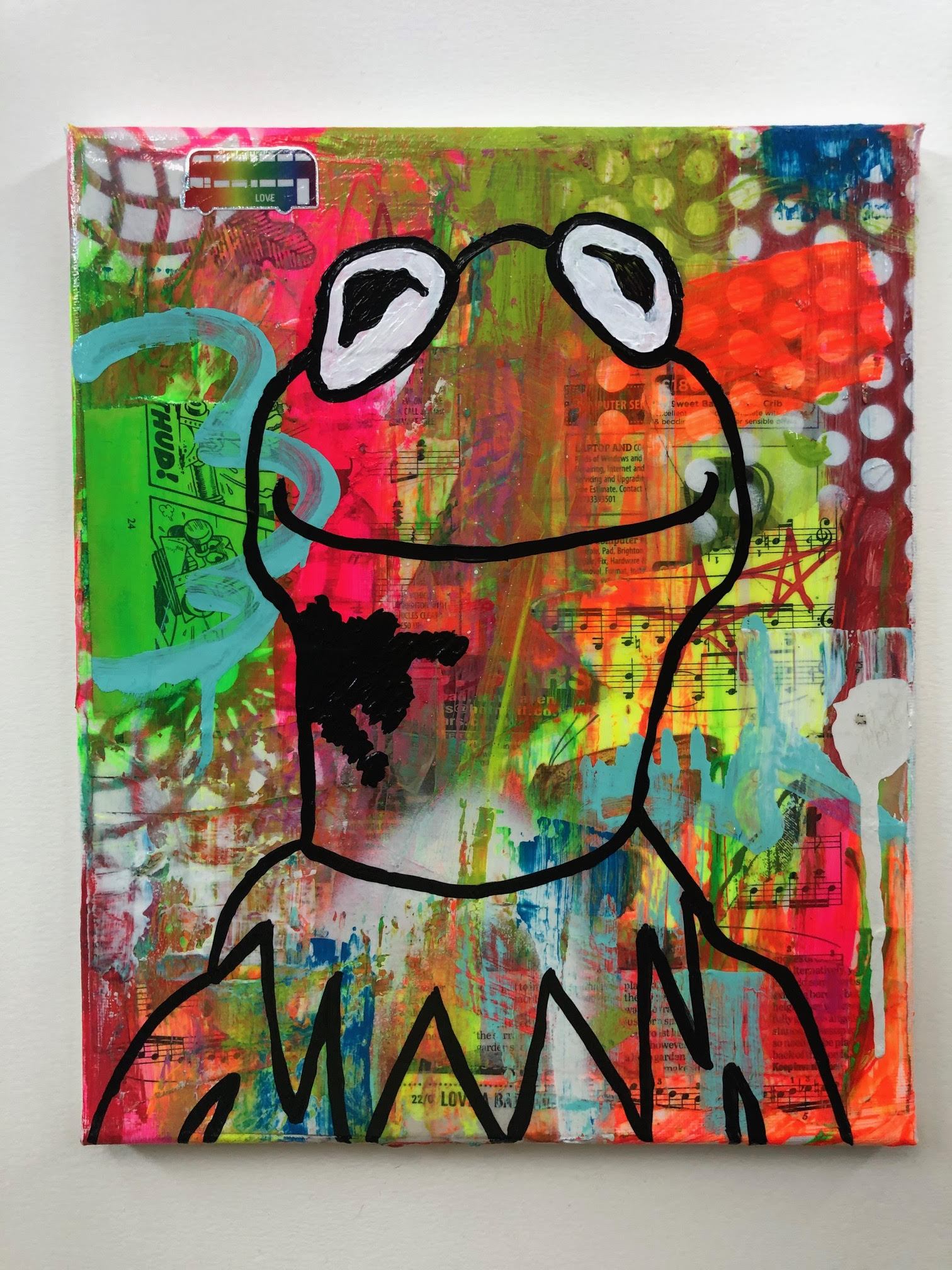 Street Frog by Barrie J Davies 2019, mixed media on canvas, 25cm x 30 cm, unframed. Barrie J Davies is an Artist - Pop Art and Street art inspired Artist based in Brighton England UK - Pop Art Paintings, Street Art Prints & Editions available. 