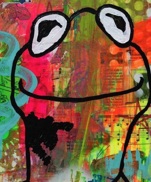 Street Frog by Barrie J Davies 2019, mixed media on canvas, 25cm x 30 cm, unframed. Barrie J Davies is an Artist - Pop Art and Street art inspired Artist based in Brighton England UK - Pop Art Paintings, Street Art Prints & Editions available.